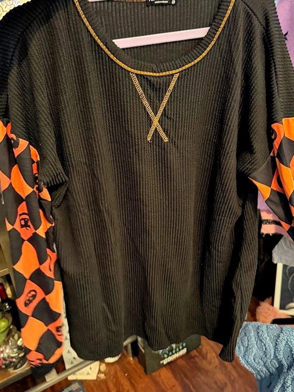Heimish USA 1X Halloween Pumpkin Harlequin Sleeve Waffle Knit Top Black Orange